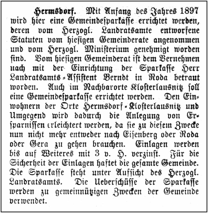 Artikel aus dem Eisenbergischen Nachrichtsblatt vom 29.12.1896 